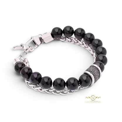 Lee Men’s Double Decker Bracelet with 10mm Tiger's Eye Beads & 18K Gold-Plated Link Chain