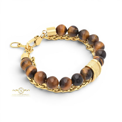 Lee Men’s Double Decker Bracelet with 10mm Tiger's Eye Beads & 18K Gold-Plated Link Chain