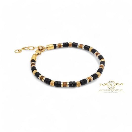 Leonidas Tiger's Eye and Black Agate Minimalist Bracelet-3x2MM Natural Gemstones with Lobster Clasp