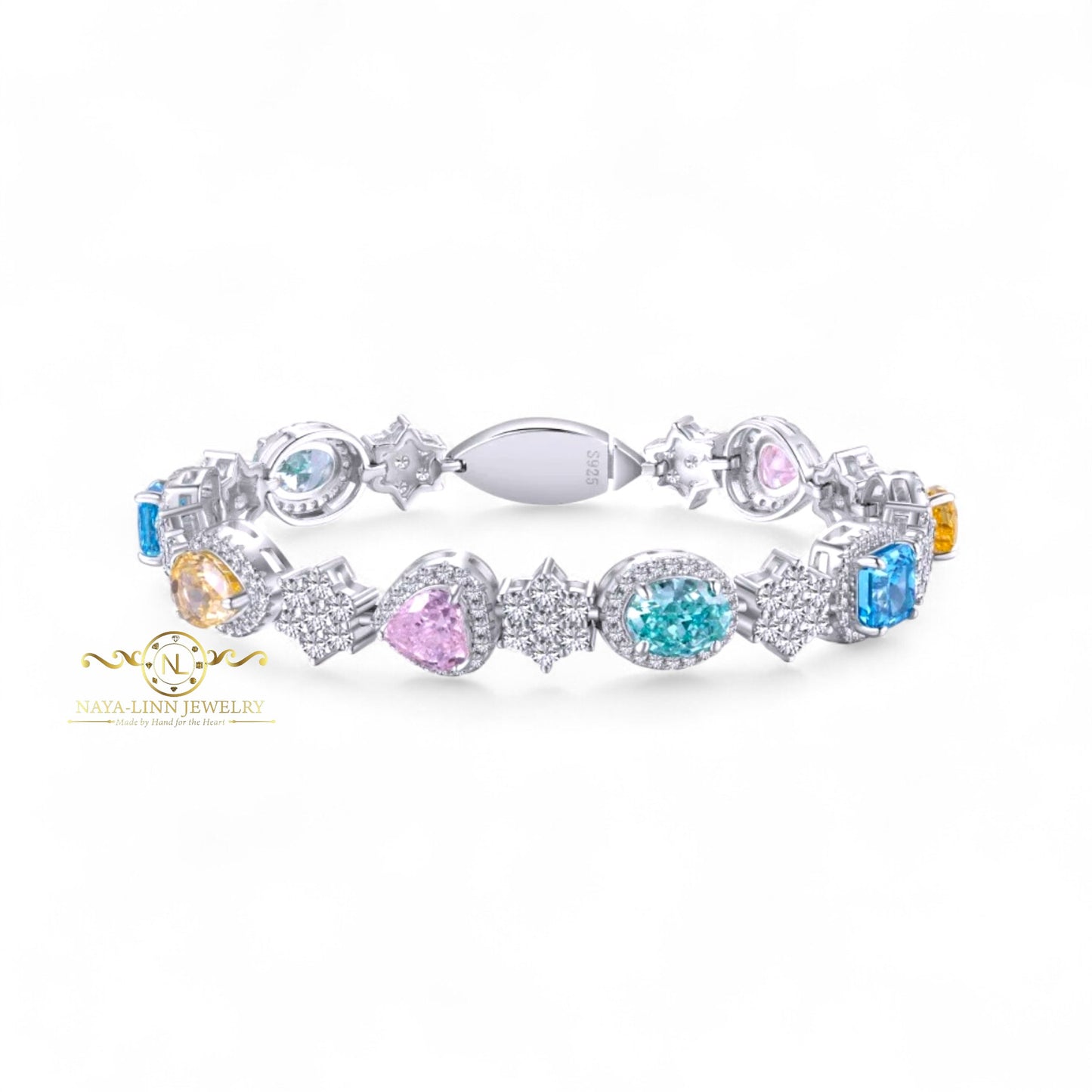 Luna Bracelet | CZ Mixed Cuts Bangle | Multi-Colored Bracelet |14K White Gold Plating | 925 Sterling Silver | Diamond Simulants