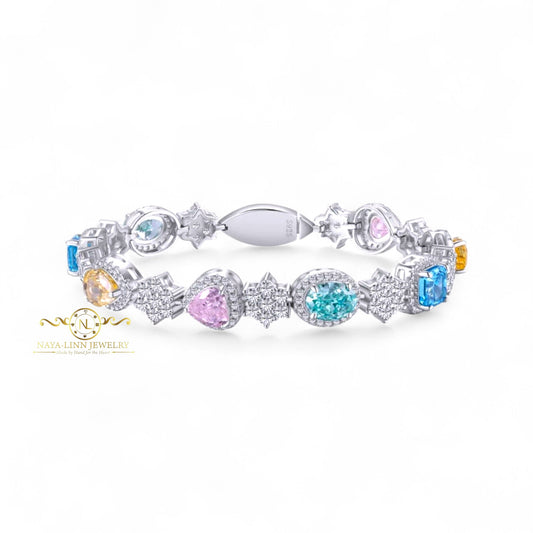 Luna Bracelet | CZ Mixed Cuts Bangle | Multi-Colored Bracelet |14K White Gold Plating | 925 Sterling Silver | Diamond Simulants