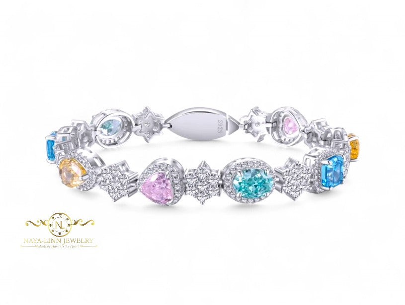 Luna Bracelet | CZ Mixed Cuts Bangle | Multi-Colored Bracelet |14K White Gold Plating | 925 Sterling Silver | Diamond Simulants