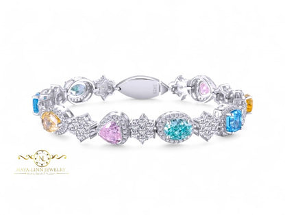 Luna Bracelet | CZ Mixed Cuts Bangle | Multi-Colored Bracelet |14K White Gold Plating | 925 Sterling Silver | Diamond Simulants