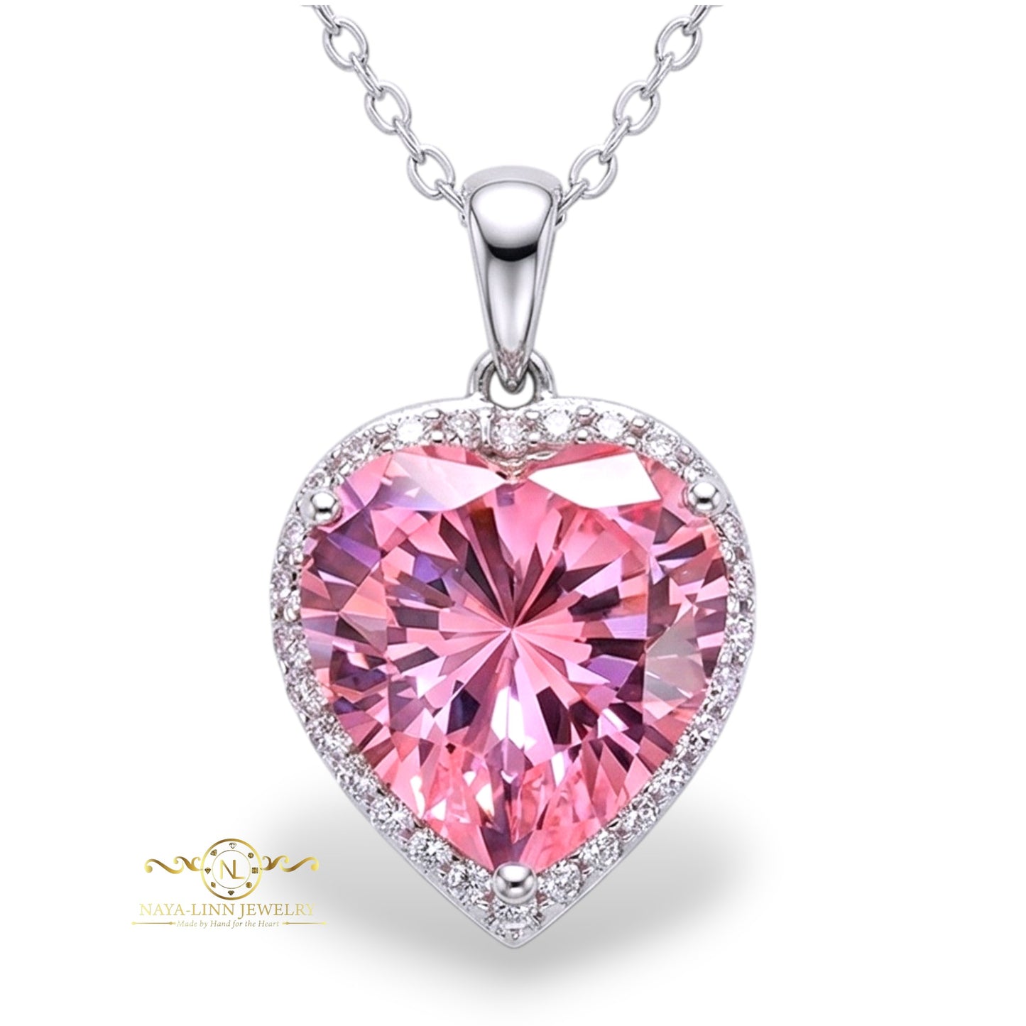 Mabel Necklace | Rhodium Over 925 Sterling Silver | 14MM Heart Shaped Cubic Zirconia Gemstone | 18 Inches Necklace