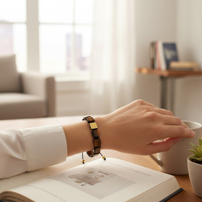 Matteo Men's Bracelet | 18K Gold Plated Stainless Steel | 10x10MM Yellow Tiger's Eye Beads | Adjustable Cord