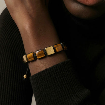 Matteo Men's Bracelet | 18K Gold Plated Stainless Steel | 10x10MM Yellow Tiger's Eye Beads | Adjustable Cord