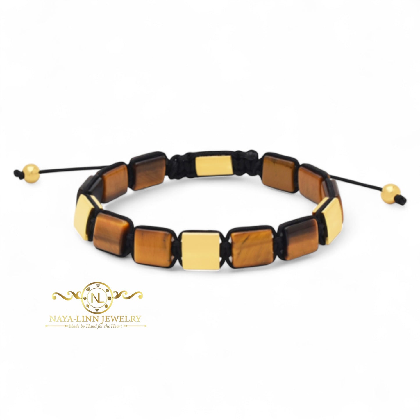 Matteo Men's Bracelet | 18K Gold Plated Stainless Steel | 10x10MM Yellow Tiger's Eye Beads | Adjustable Cord