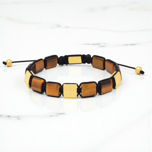 Matteo Men's Bracelet | 18K Gold Plated Stainless Steel | 10x10MM Yellow Tiger's Eye Beads | Adjustable Cord