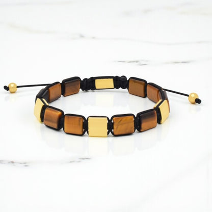 Matteo Men's Bracelet | 18K Gold Plated Stainless Steel | 10x10MM Yellow Tiger's Eye Beads | Adjustable Cord