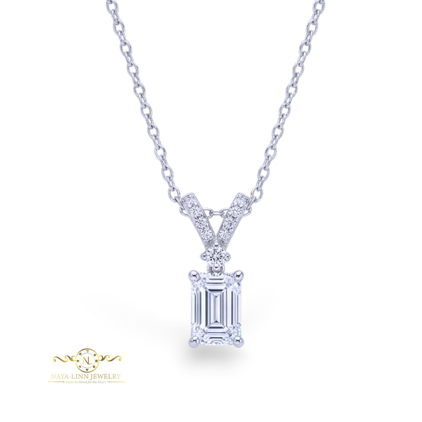 Mackenzie Necklace | Rhodium Plated Over 925 Sterling Silver | Diamond Simulants | Cubic Zirconia | 18 Inch Emerald Shape | Dainty Necklace