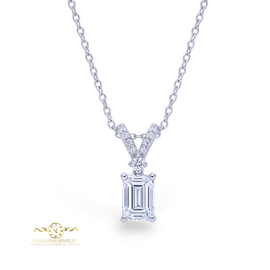 Mackenzie Necklace | Rhodium Plated Over 925 Sterling Silver | Diamond Simulants | Cubic Zirconia | 18 Inch Emerald Shape | Dainty Necklace