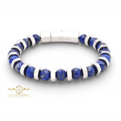 Nero Men's Bracelet | 8MM Faceted Lapis Lazuli Beads | Stainless Steel Metal with Bayonet Clasp