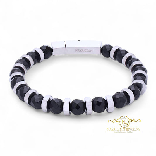 Nero Men's Bracelet | 8MM Faceted Black Agate Beads | Stainless Steel Metal with Bayonet Clasp