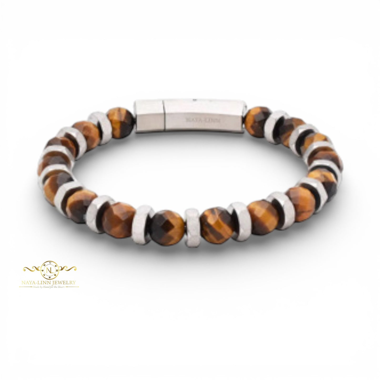 Nero Men's Bracelet | 8MM Faceted Tiger's Eye Beads | Stainless Steel Metal with Bayonet Clasp