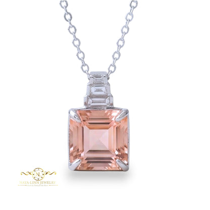 Noelle Necklace | Rhodium Over 925 Sterling Silver | Morganite Color Necklace | Cubic Zirconia | 18 Inch Necklace