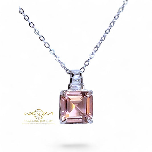 Noelle Necklace | Rhodium Over 925 Sterling Silver | Morganite Color Necklace | Cubic Zirconia | 18 Inch Necklace