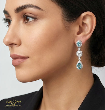 Nova Drop Earrings | Mixed Cuts Diamond Simulants | 925 Sterling Silver Dangle Earrings | By Naya-Linn Jewelry