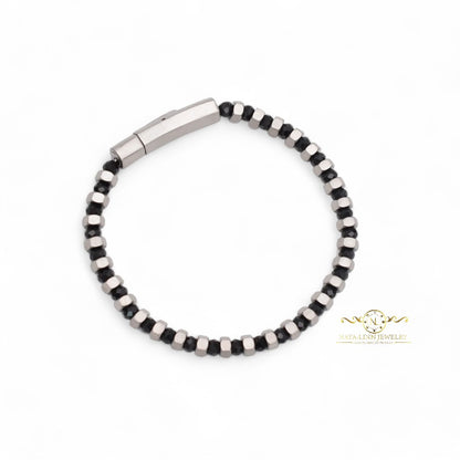 Orion Minimalist Bracelet: 4mm Faceted Round Black Agate Gemstones with Bayonet Clasp