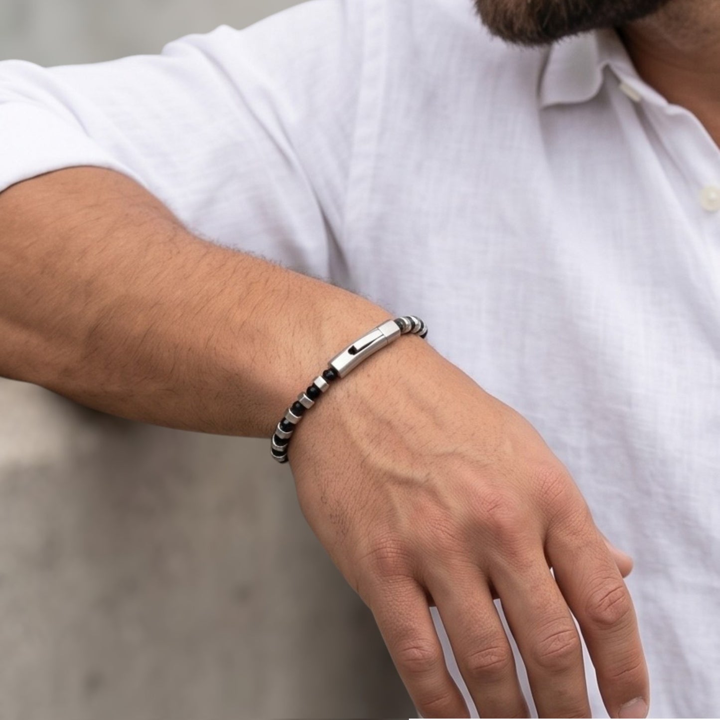 Orion Minimalist Bracelet: 4mm Faceted Round Black Agate Gemstones with Bayonet Clasp