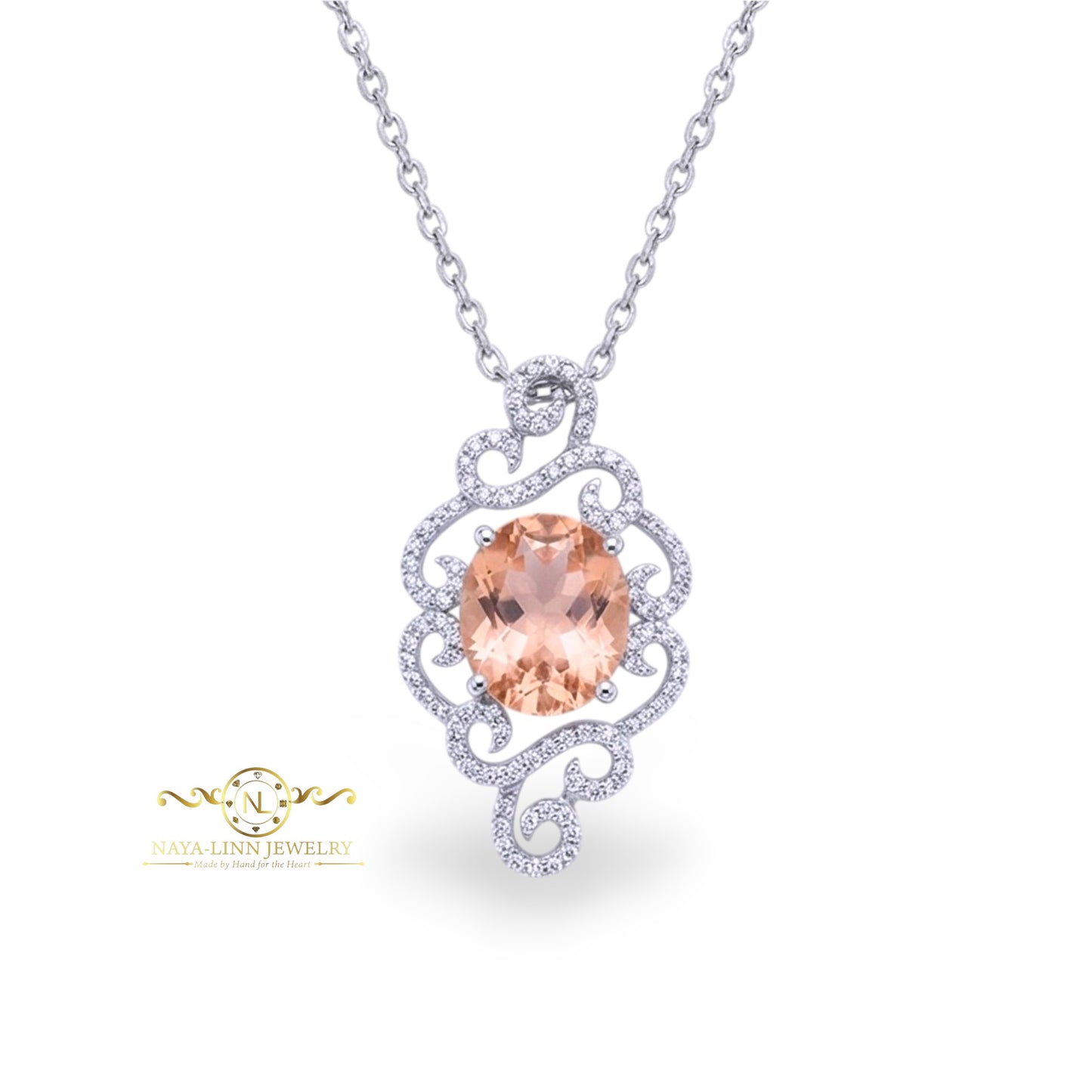 Reese Necklace | Rhodium Over 925 Sterling Silver | 18 Inch Necklace | Morganite Color | Cubic Zirconia | Sterling Silver Necklace | Pendant