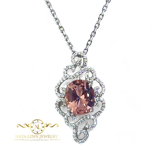 Reese Necklace | Rhodium Over 925 Sterling Silver | 18 Inch Necklace | Morganite Color | Cubic Zirconia | Sterling Silver Necklace | Pendant