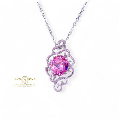 Reese Necklace | Rhodium Over 925 Sterling Silver | 18 Inch Necklace | Morganite Color | Cubic Zirconia | Sterling Silver Necklace | Pendant