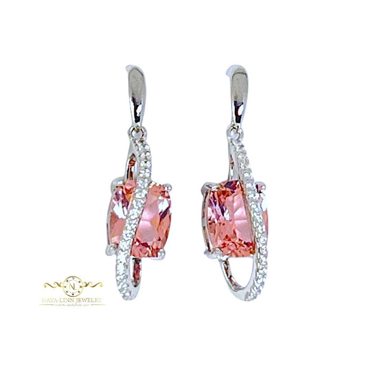 Riley Earrings | Rhodium Plated Over 925 Sterling Silver | Morganite Color | Cubic Zirconia | 18 inch Necklace