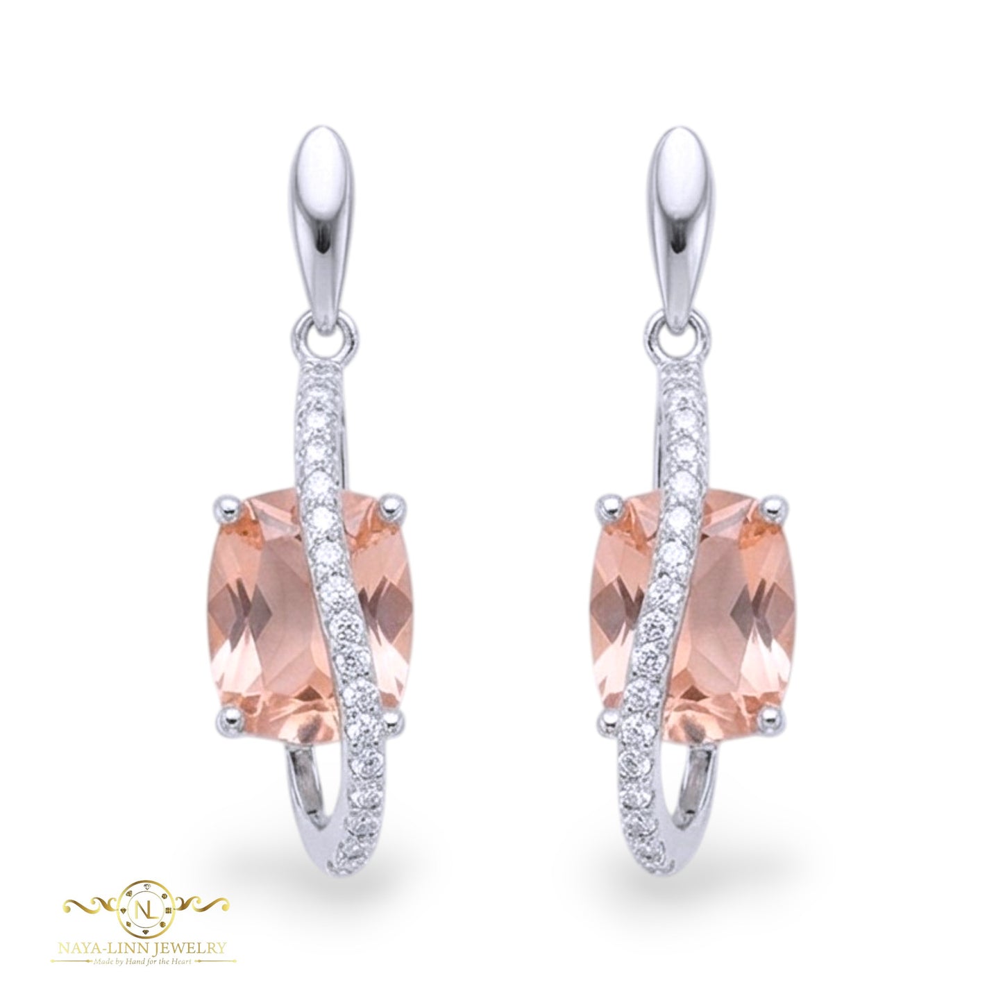 Riley Earrings | Rhodium Plated Over 925 Sterling Silver | Morganite Color | Cubic Zirconia