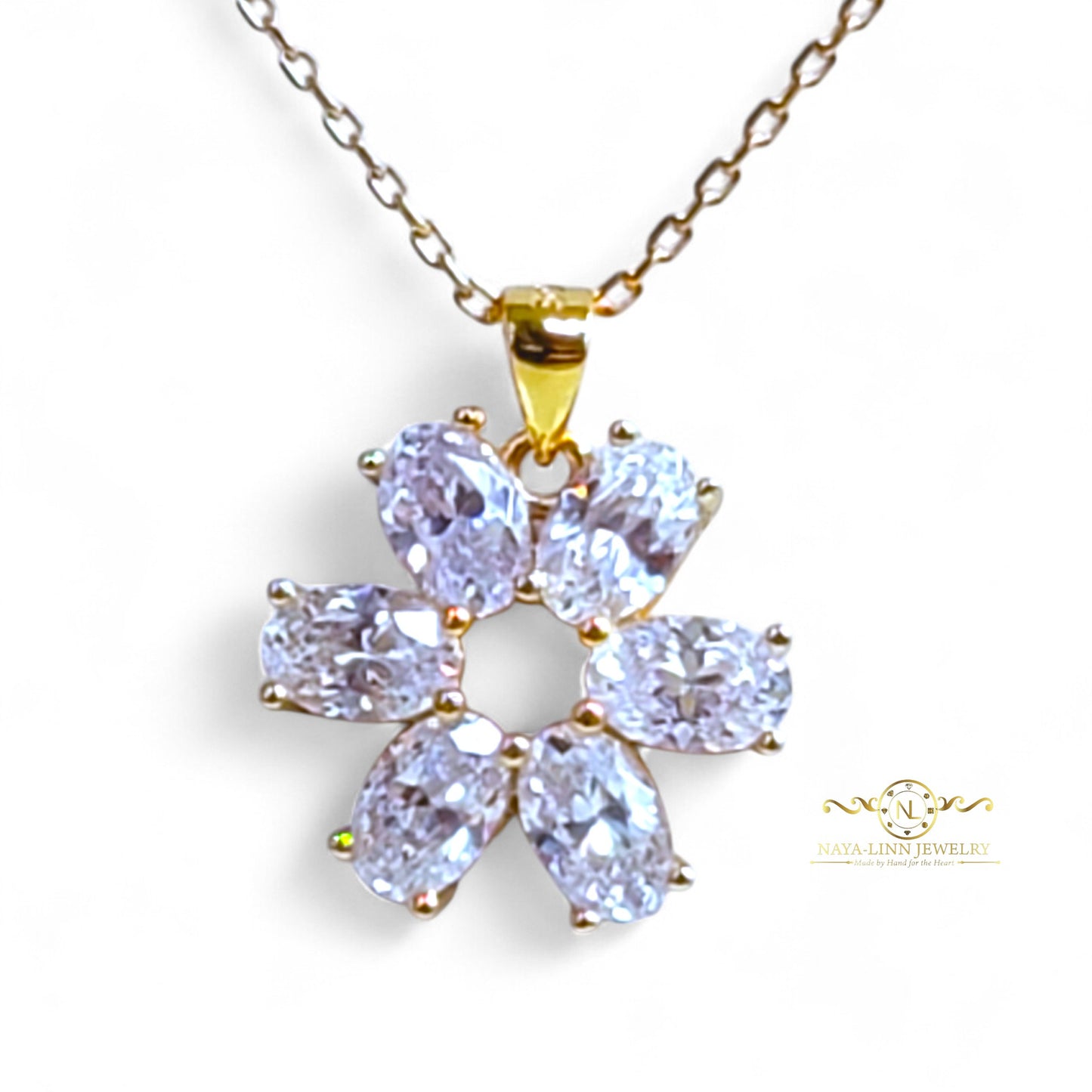 Serenity Snowflake Necklace | Oval Shaped Diamond Simulants | 18K Gold Vermeil Over 925 Sterling Silver