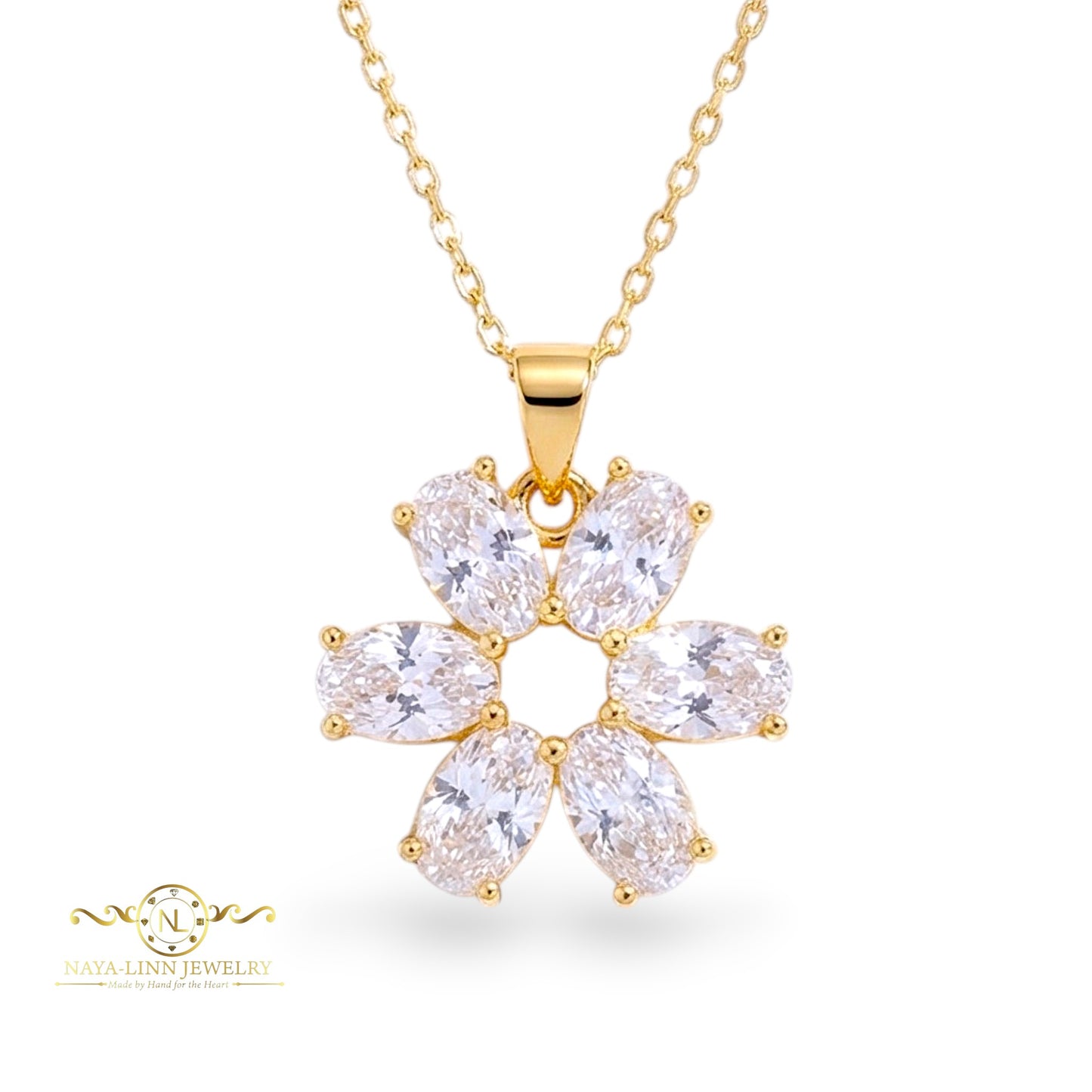 Serenity Snowflake Necklace | Oval Shaped Diamond Simulants | 18K Gold Vermeil Over 925 Sterling Silver