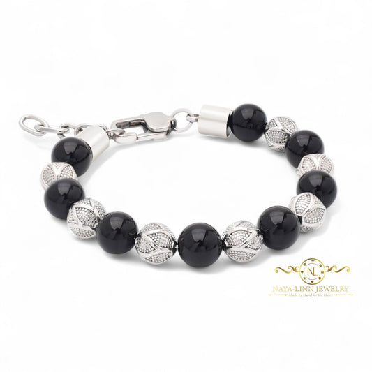 Kalu Men's Bracelet | 10mm Black Agate Beads | Metal Rounds | Lobster Clasp | Extender Chain