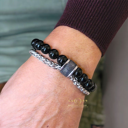 Lee Men’s Double Decker Bracelet with 10mm Black Agate Beads & Link Chain