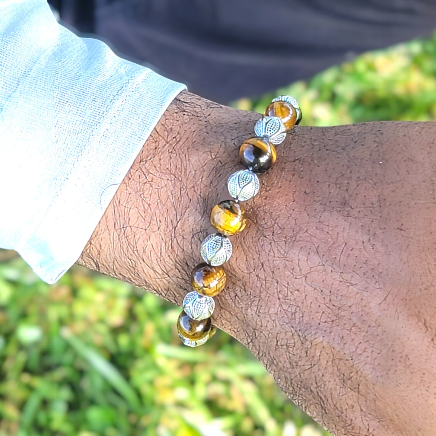 Kalu Men's Bracelet | 10mm Tiger Eye Beads | Metal Rounds | Lobster Clasp | Extender Chain
