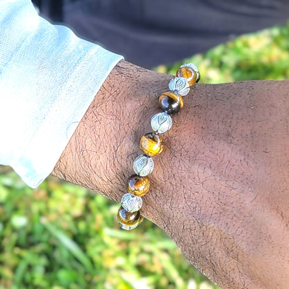 Kalu Men's Bracelet | 10mm Tiger Eye Beads | Metal Rounds | Lobster Clasp | Extender Chain