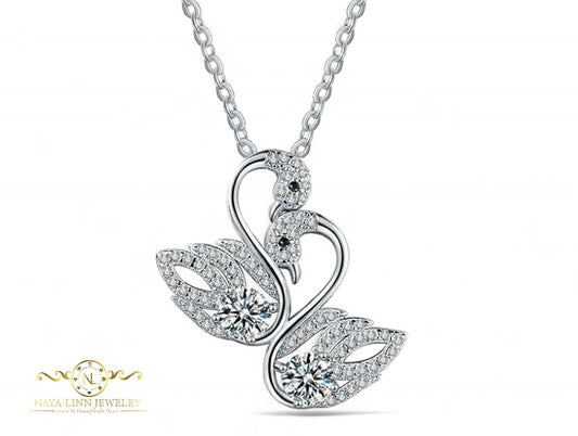 Piper Double Swan Moissanite Necklace | 14K White Gold Over 925 Sterling Silver | Swan necklace | Elegant Necklace | Unique Gift For Her