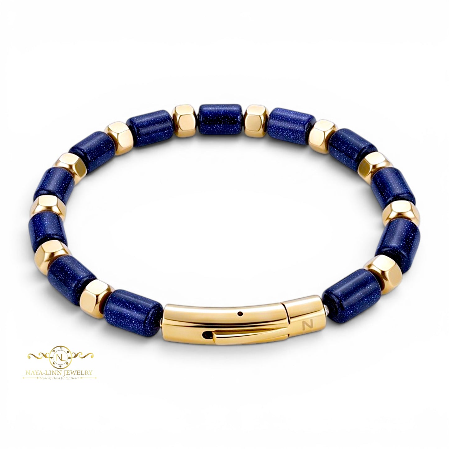 Theseus Men’s 6x10MM Blue Sandstone Bracelet with Gold Plated Curved Bayonet Clasp