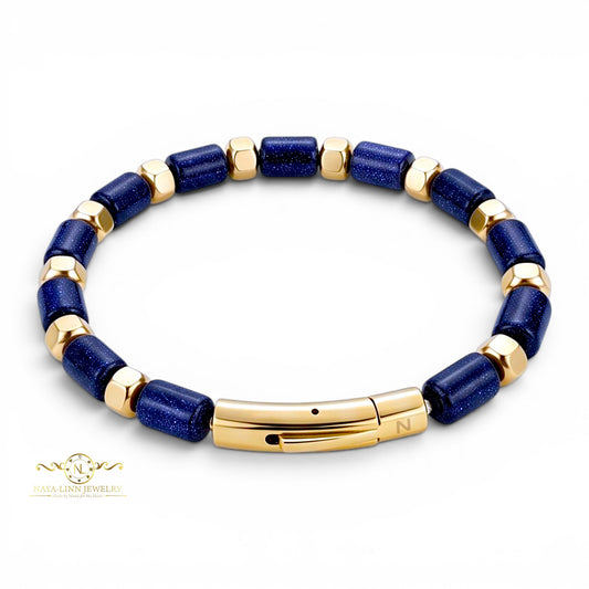 Theseus Men’s 6x10MM Blue Sandstone Bracelet with Gold Plated Curved Bayonet Clasp