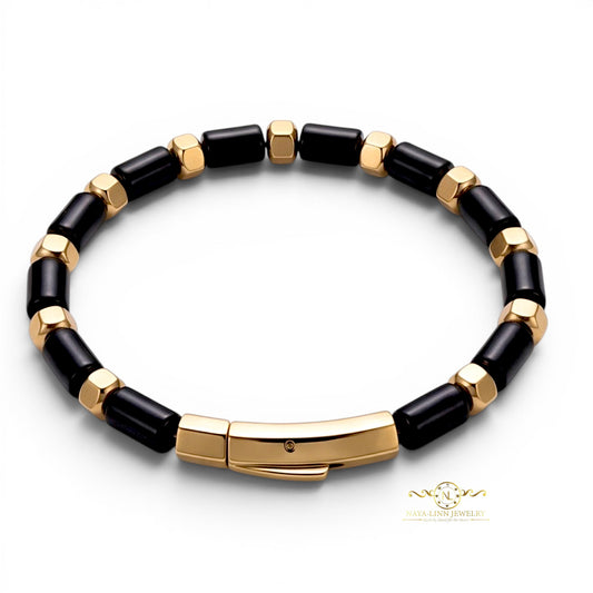 Theseus Men’s 6x10MM Black Agate Natural Stone Bracelet with Gold Plated Curved Bayonet Clasp