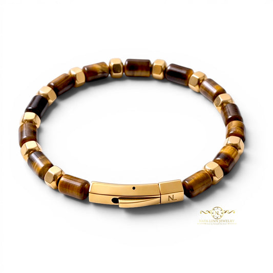 Theseus Men’s 6x10MM Tiger's Eye Gold Plated Bracelet  with Curved Bayonet Clasp