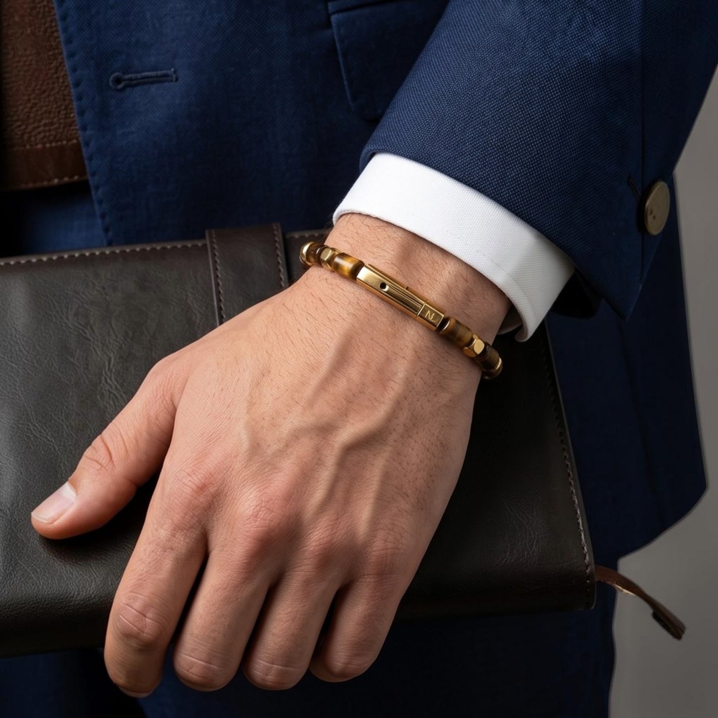 Theseus Men’s 6x10MM Black Agate Natural Stone Bracelet with Gold Plated Curved Bayonet Clasp