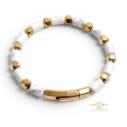 Theseus Men’s Bracelet – Howlite/Gold-Plated with Curved Bayonet Clasp