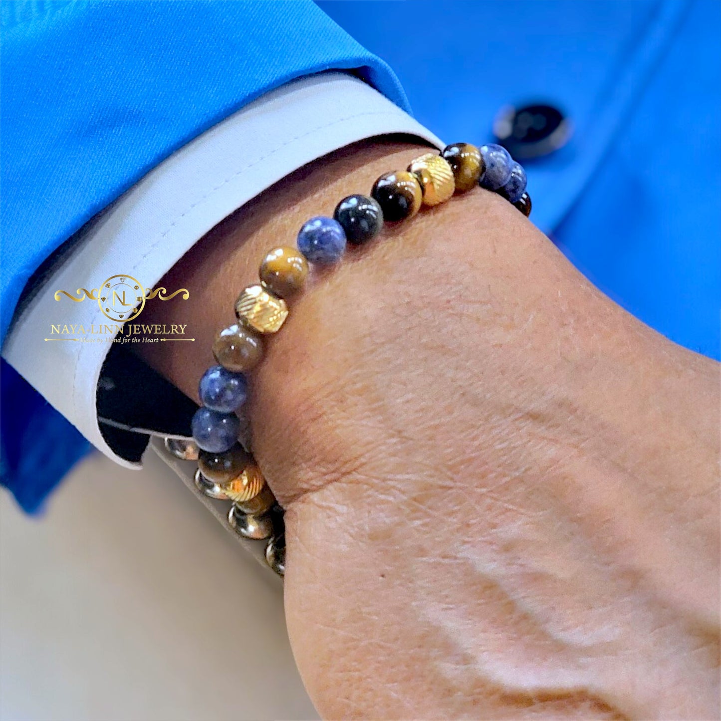 Ajax Men's 8MM Sodalite & Tiger's Eye Natural Stone Beaded  Bracelet