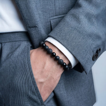 Tiziano Men's Bracelet | 10MM Black Line Agate (Shiny & Matt) | 12MM Lava Stone Beads | Lobster Clap | Extender Chain