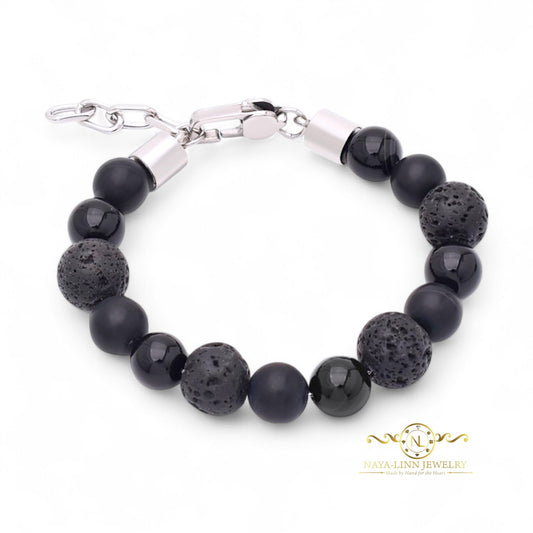 Tiziano Men's Bracelet | 10MM Black Line Agate (Shiny & Matt) | 12MM Lava Stone Beads | Lobster Clap | Extender Chain