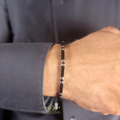 Xanthus Minimalist Men's Bracelet, Black Agate Rectangular Beads with Adjustable Rope
