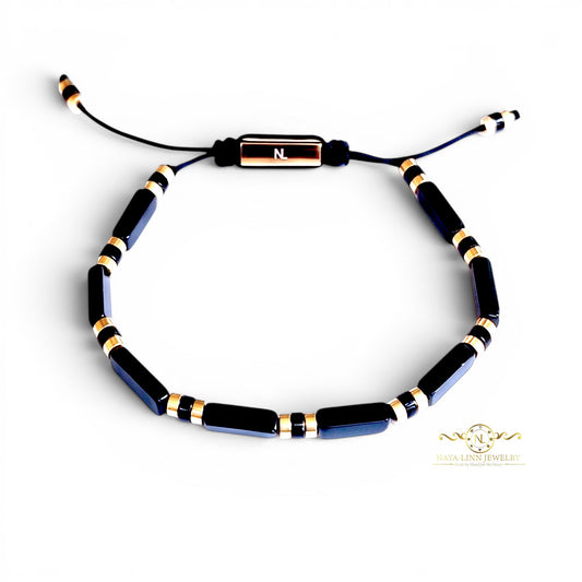 Xanthus Minimalist Men’s Bracelet with Black Agate Rectangular Beads and Adjustable Rope