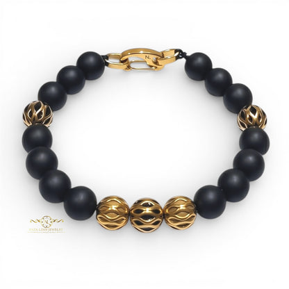 Zeno Men’s Gold Plated Bracelet, 10mm Round Red Chalcedony Gemstones with Lobster Clasp