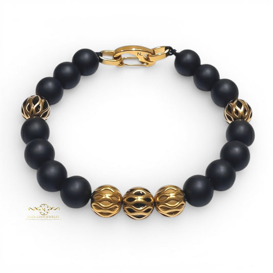 Zeno Men’s Gold Plated Bracelet, 10mm Round Black Onyx Gemstones with Lobster Clasp