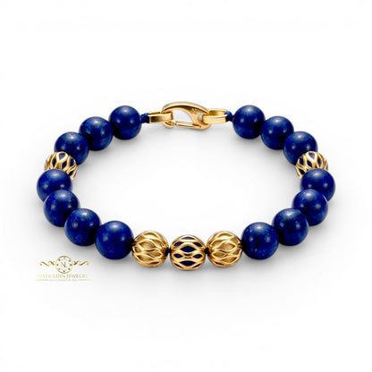 Zeno Men’s Gold Plated Bracelet, 10mm Round Red Chalcedony Gemstones with Lobster Clasp