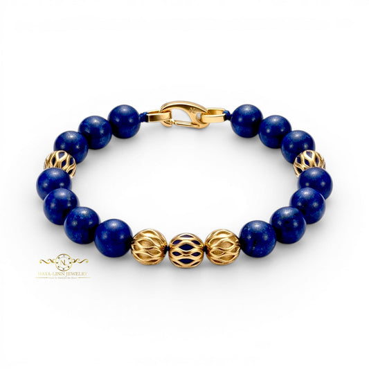 Zeno Men’s Gold Plated Bracelet, 10mm Round Lapis Lazuli Gemstones with Lobster Clasp